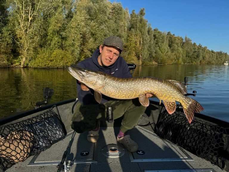 Man holding a large northern pike while fishing on a boat.